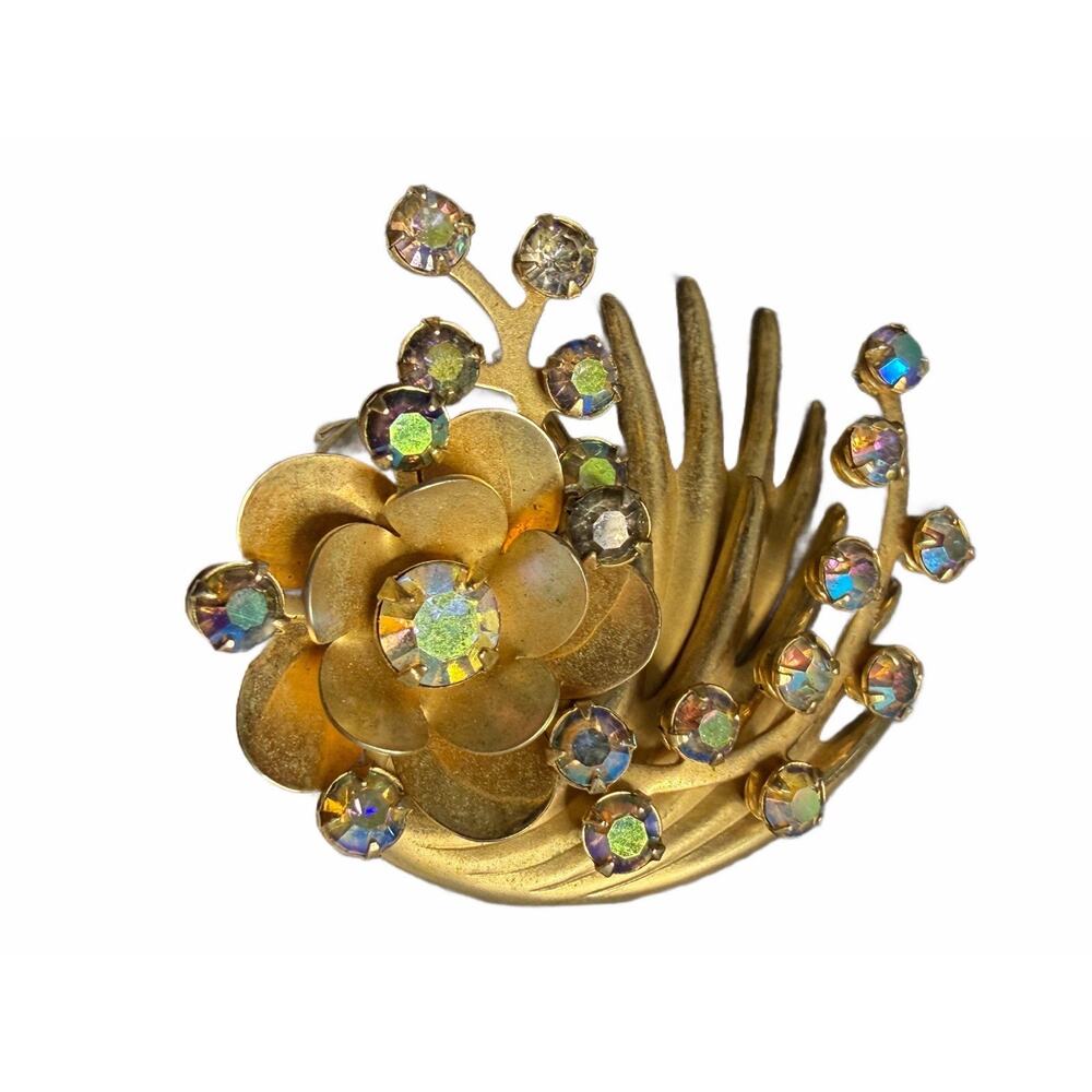 Vintage Kramer Floral Spiral Aurora Borealis Rhinestones Gold Tone Brooch